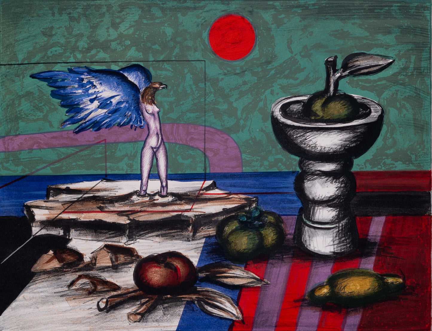 Franz PRIKING : Créature fantastique sous le soleil rouge - Lithographie originale signée