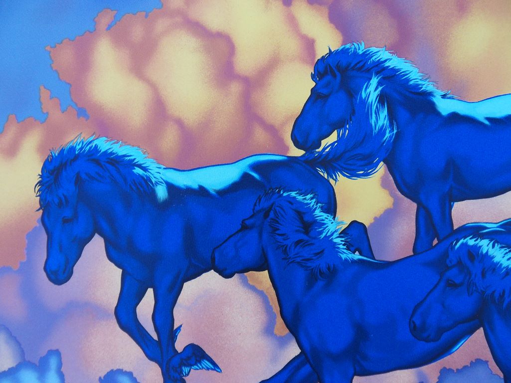 Michel BEZ : Les chevaux bleus - Lithographie originale signée
