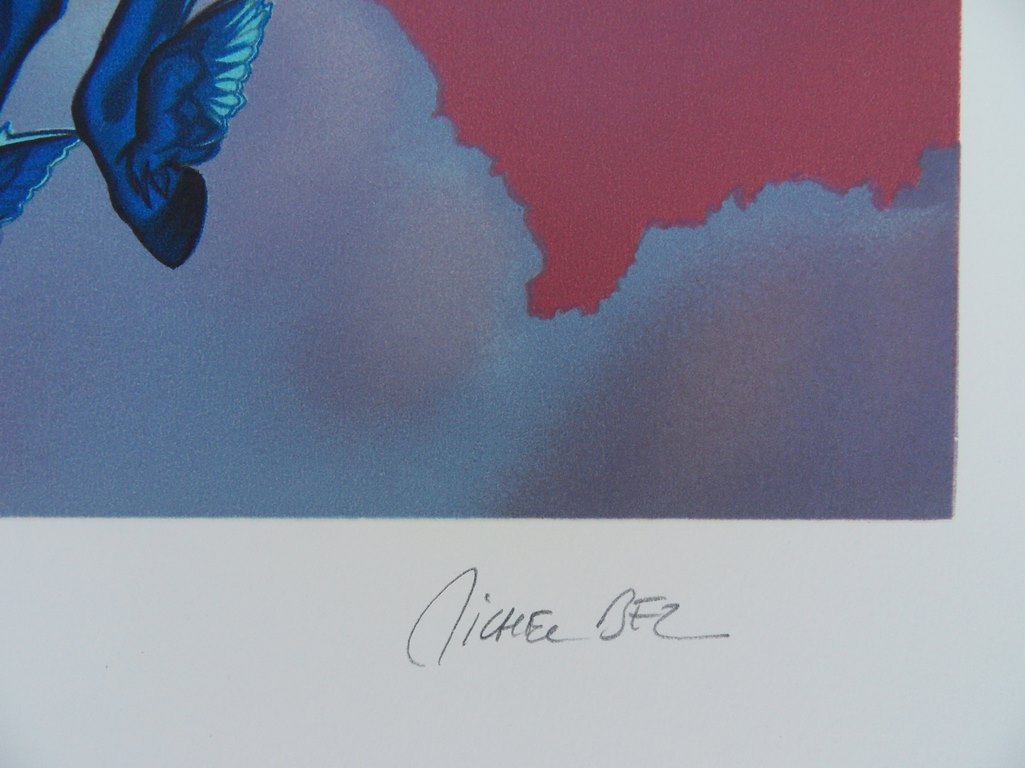 Michel BEZ : Les chevaux bleus - Lithographie originale signée