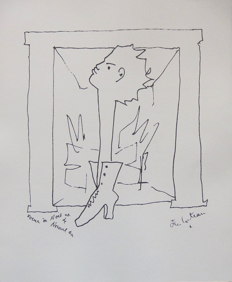 Jean COCTEAU : Voeux, Homme chaussure - Lithographie signée