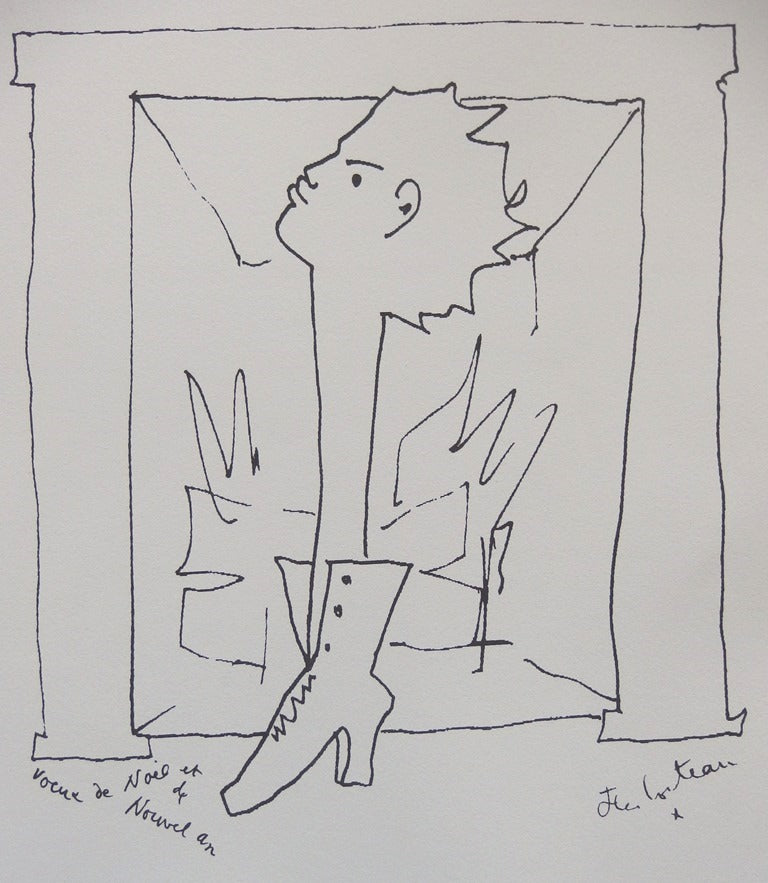 Jean COCTEAU : Voeux, Homme chaussure - Lithographie signée