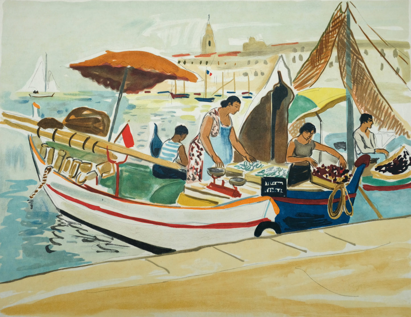 Yves BRAYER : Marchands du Vieux-Port - Lithographie originale signée