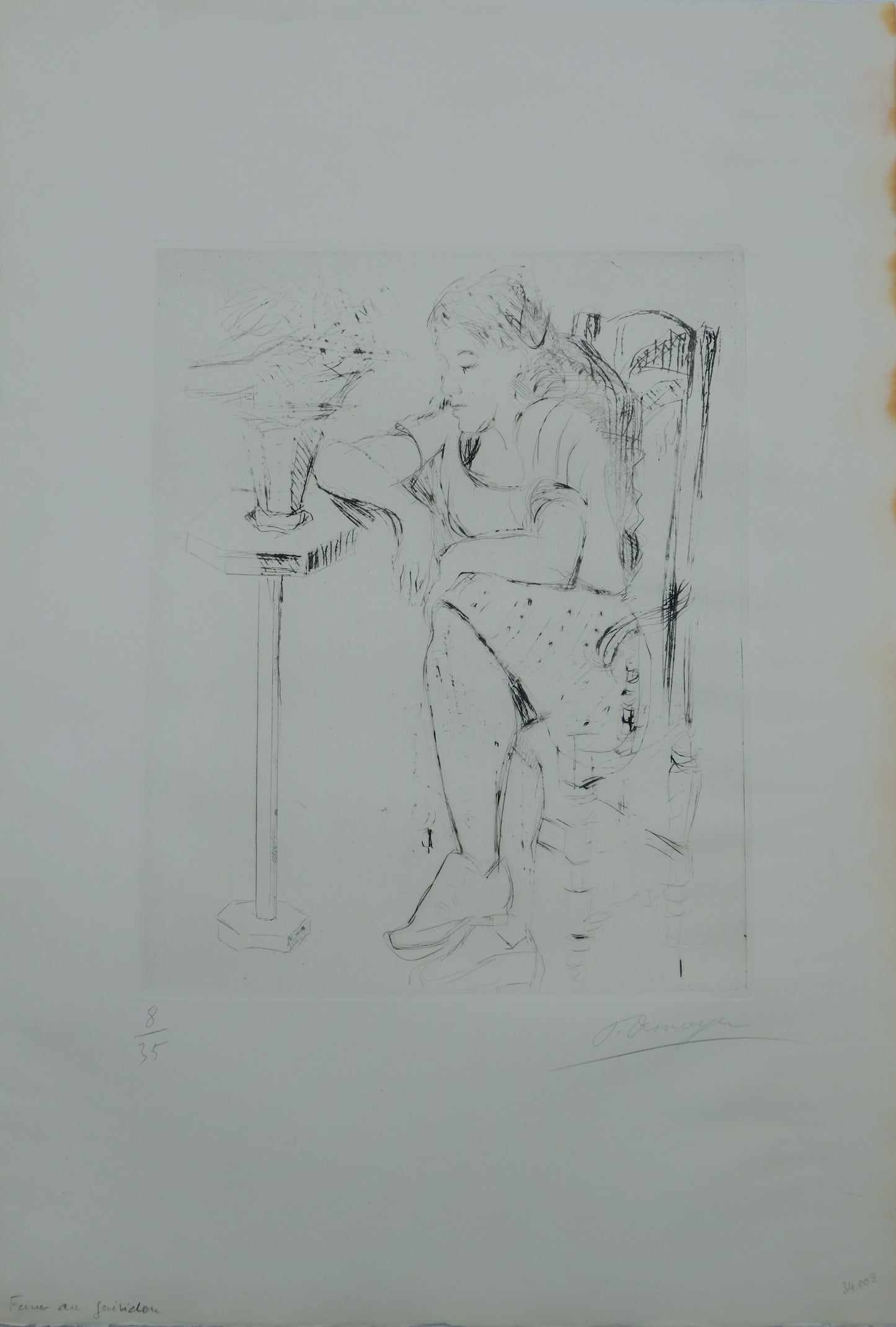 François DESNOYER : La femme accoudée au guéridon - Gravure originale signée