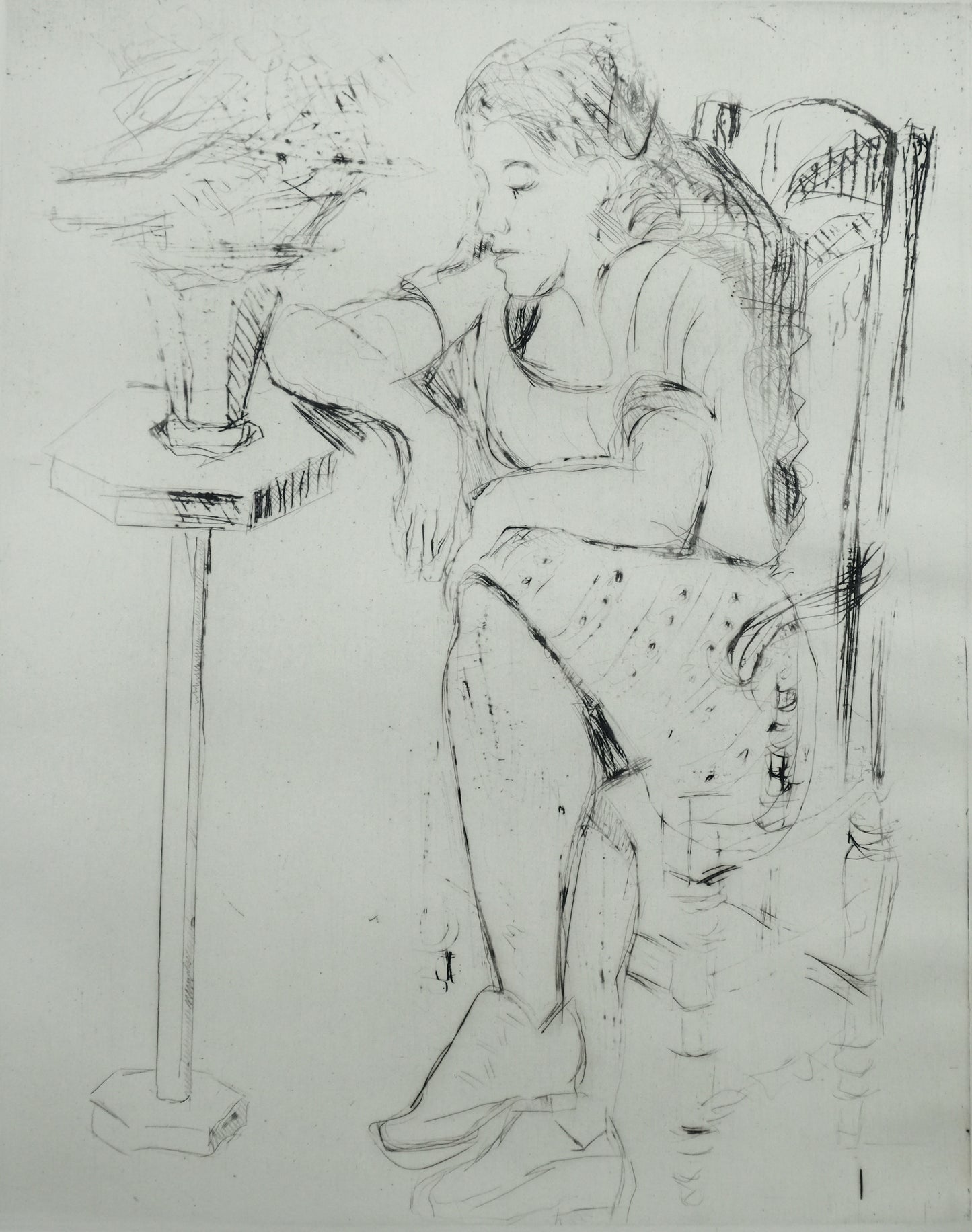 François DESNOYER : La femme accoudée au guéridon - Gravure originale signée
