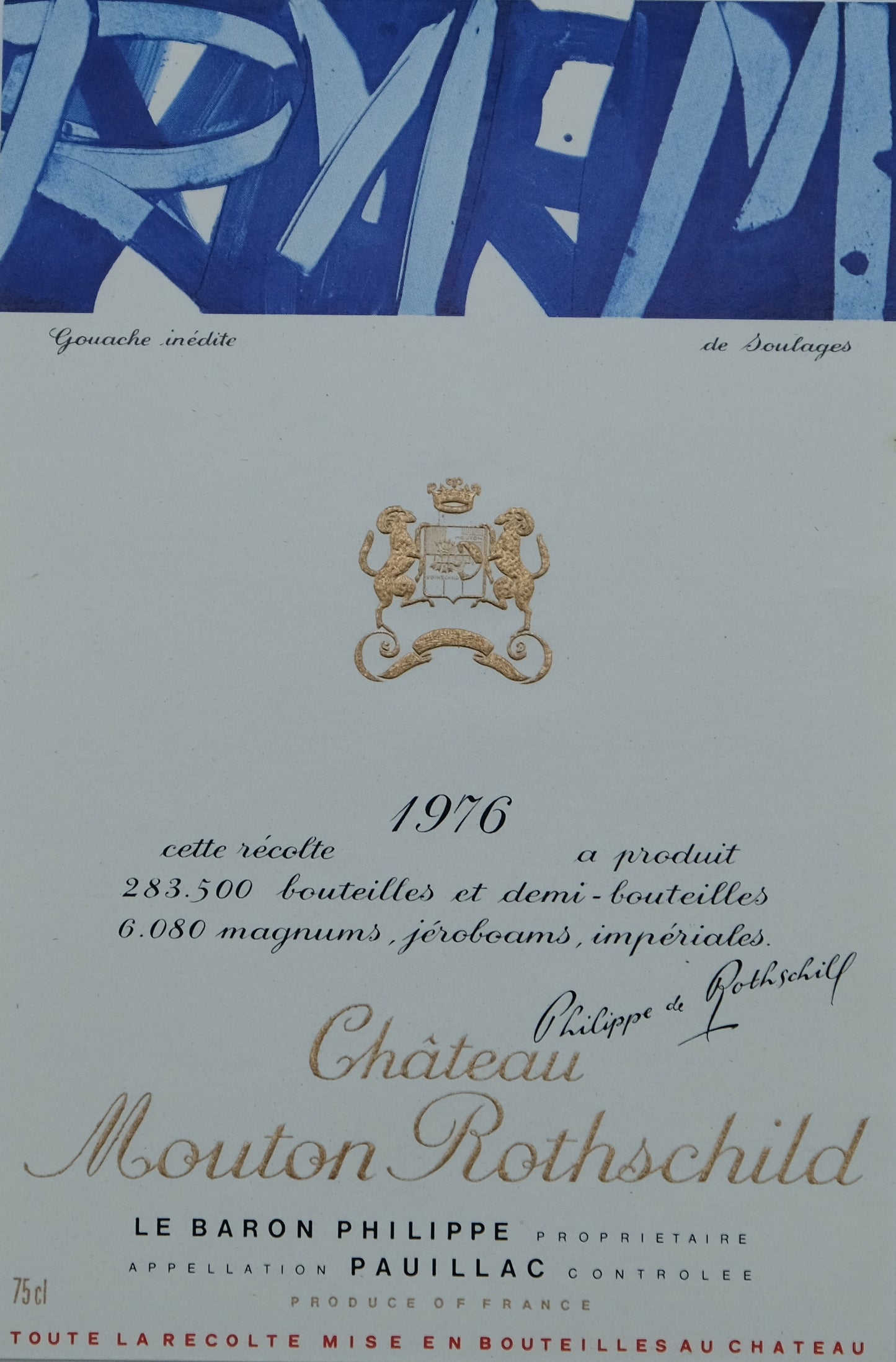 Pierre SOULAGES : Étiquette originale de vin – Château Mouton Rothschild 1976