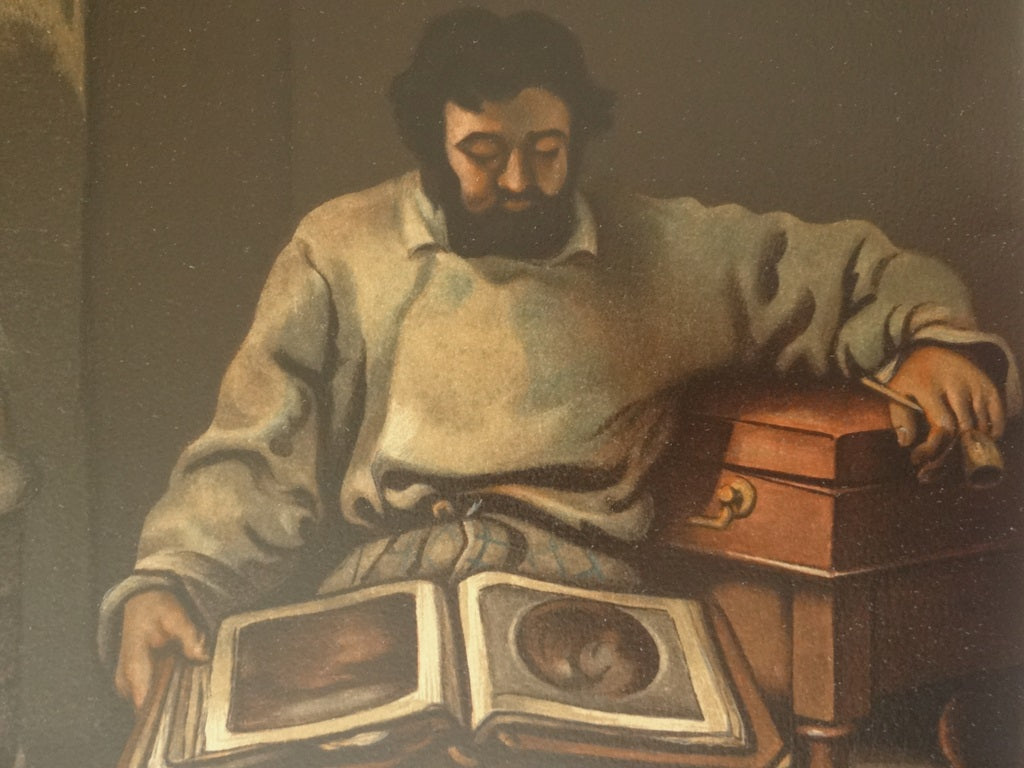 Gustave COURBET : Marc Trapadoux examinant un livre d'estampes - lithographie en couleurs