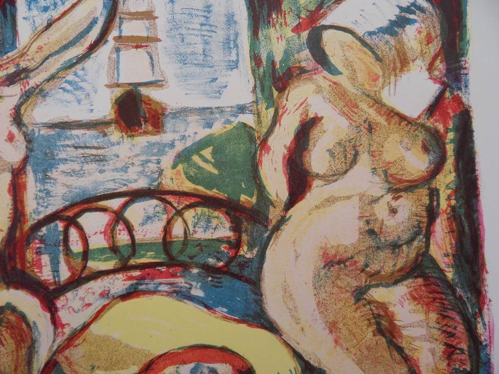 François DESNOYER : Trois femmes nues à la fenêtre - Lithographie originale signée