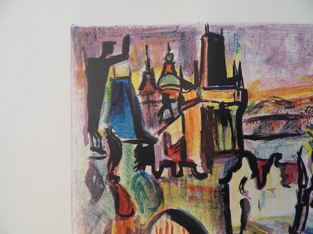François DESNOYER : Le pont de Prague - Lithographie originale signée