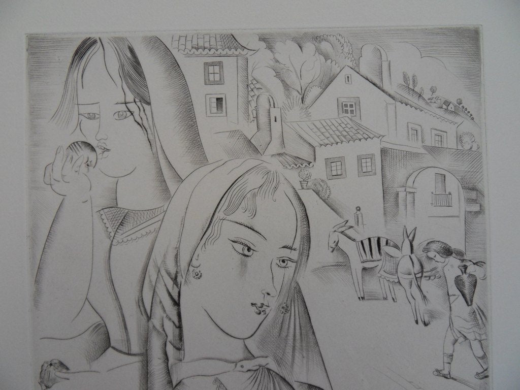 Mily POSSOZ : Les jeunes filles du village - Gravure originale signée