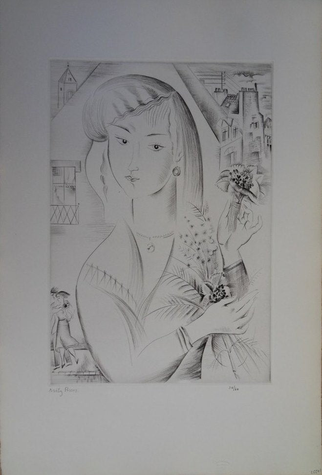 Mily POSSOZ : La jeune fille au bouquet - Gravure originale signée