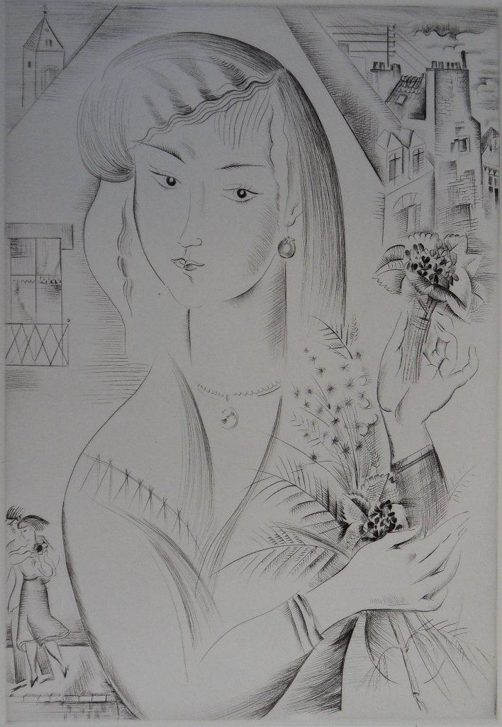 Mily POSSOZ : La jeune fille au bouquet - Gravure originale signée