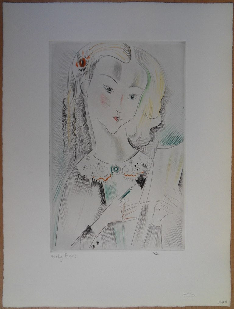 Mily POSSOZ : Jeune fille pensive - Eau-forte originale signée