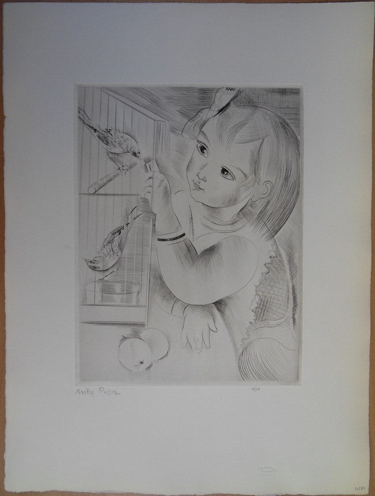 Mily POSSOZ : La cage aux oiseaux - Gravure originale signée