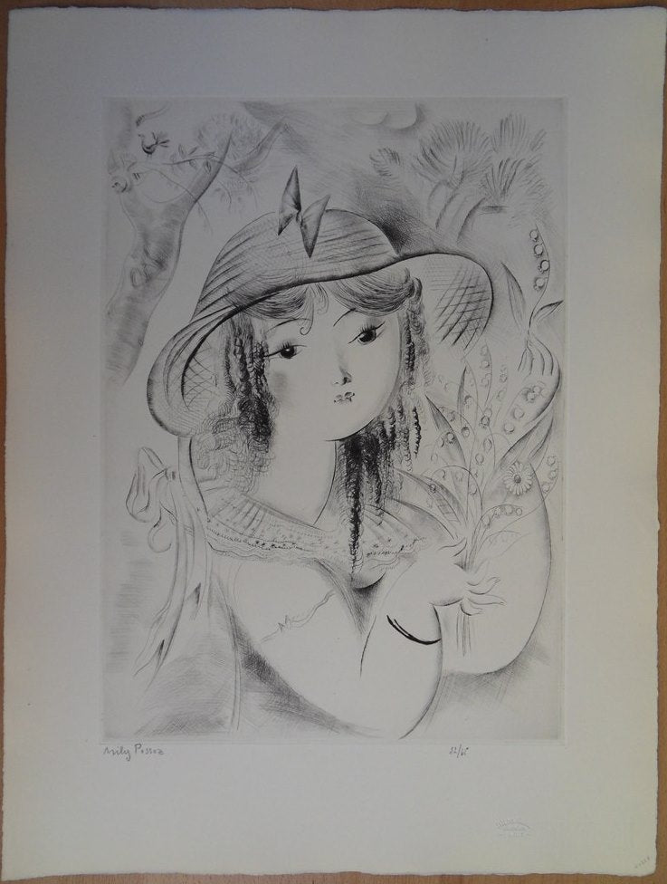 Mily POSSOZ : Jeune fille au muguet - Gravure originale signée