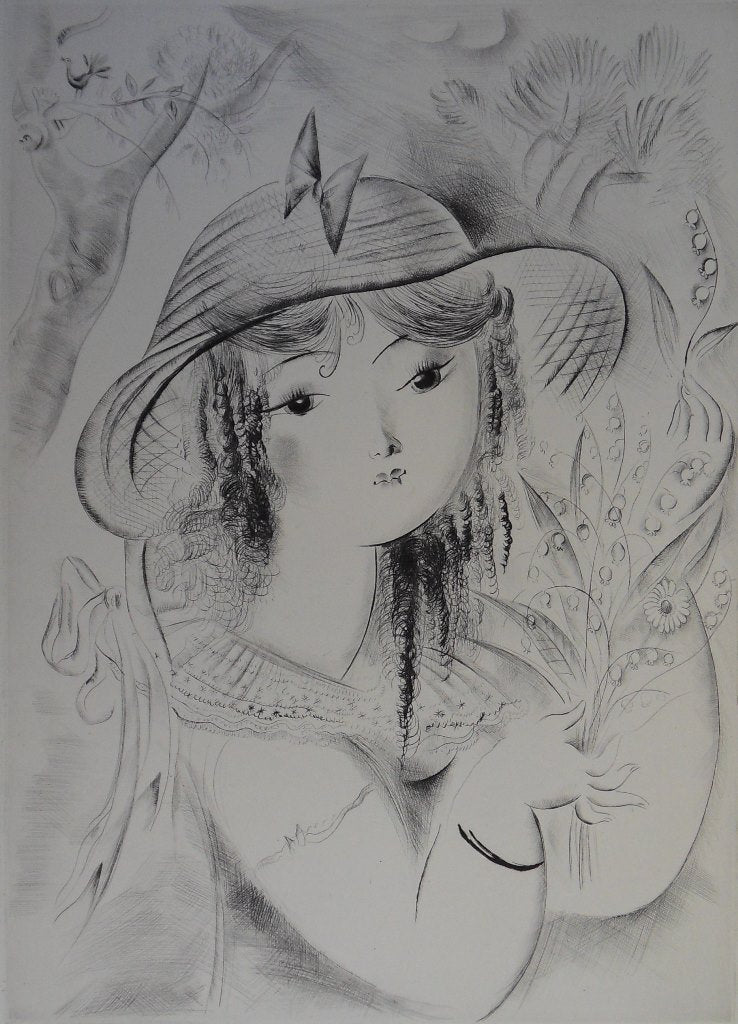 Mily POSSOZ : Jeune fille au muguet - Gravure originale signée
