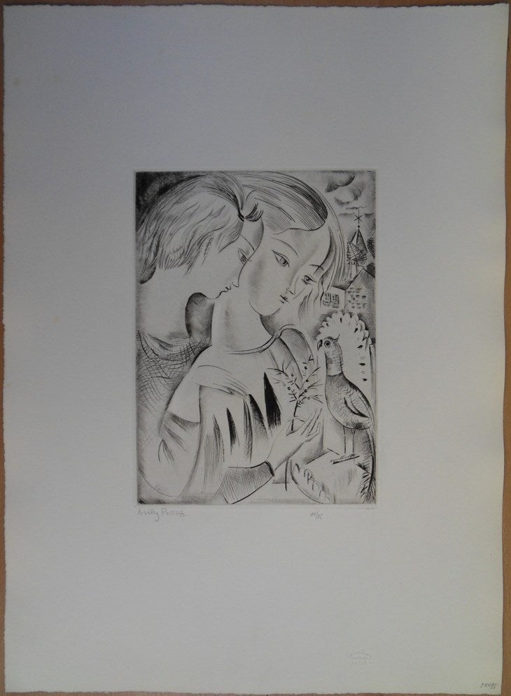 Mily POSSOZ : Les enfants et le perroquet - Gravure originale signée