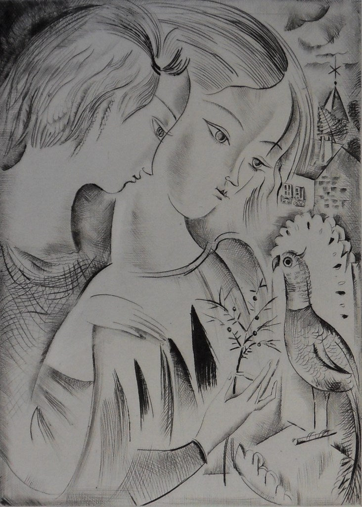 Mily POSSOZ : Les enfants et le perroquet - Gravure originale signée