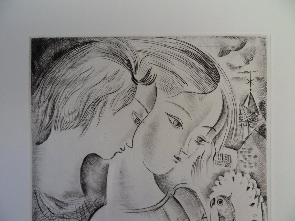 Mily POSSOZ : Les enfants et le perroquet - Gravure originale signée