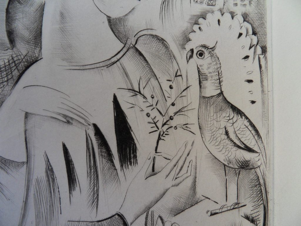 Mily POSSOZ : Les enfants et le perroquet - Gravure originale signée
