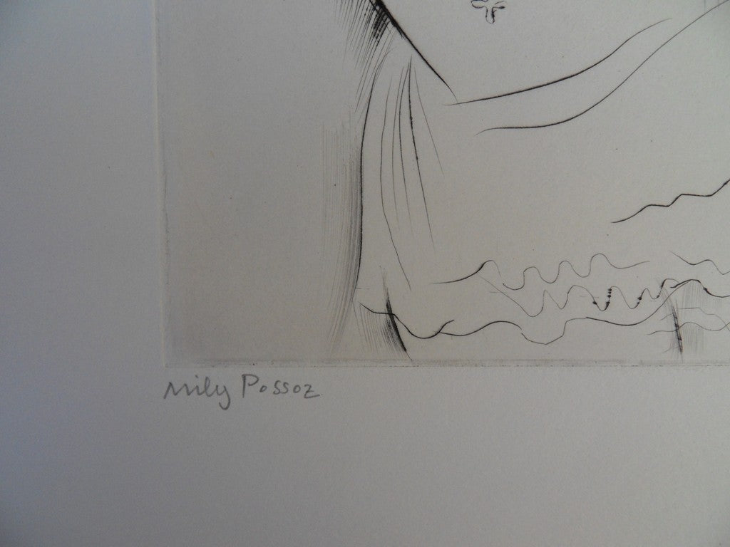 Mily POSSOZ : La jeune fille cousant - Gravure originale signée