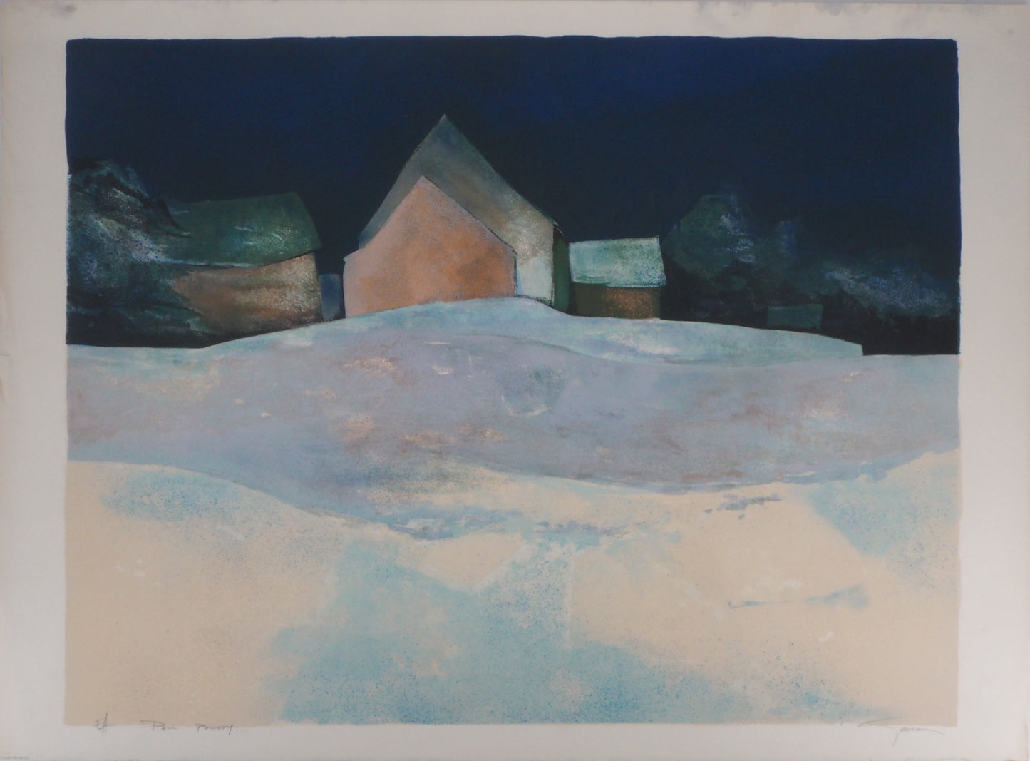 Claude GAVEAU : Paysage enneigé de nuit - Lithographie originale signée et dédicacée