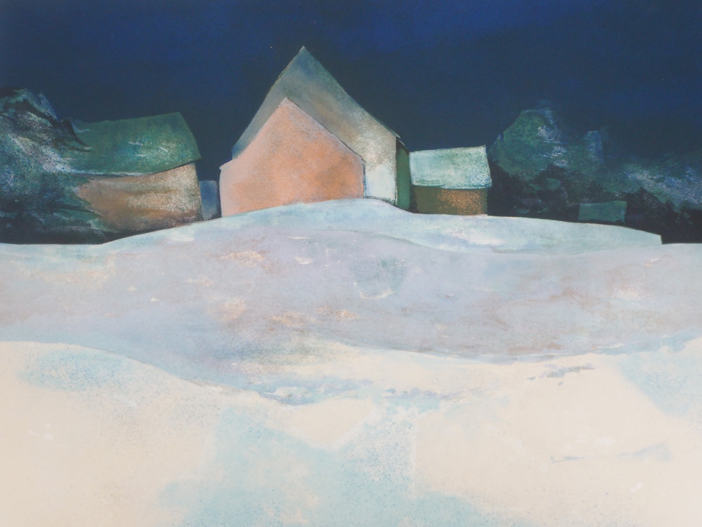 Claude GAVEAU : Paysage enneigé de nuit - Lithographie originale signée et dédicacée