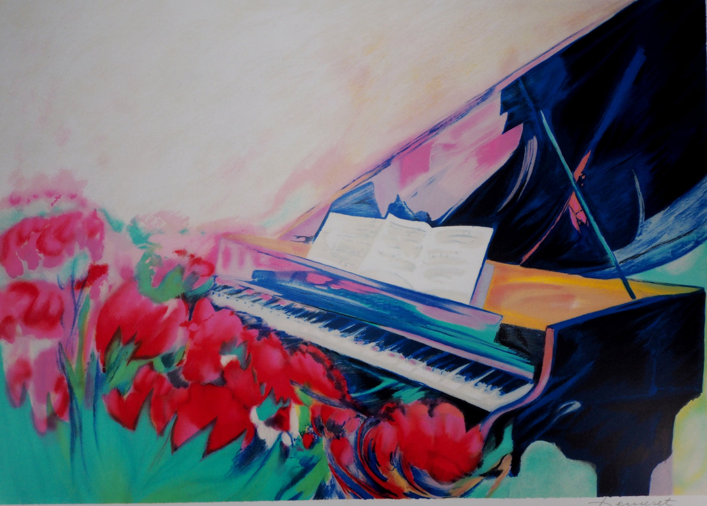 Claude HEMERET: Piano y partituras - Litografía original firmada