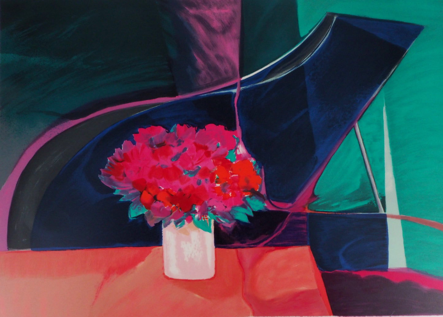 Claude HEMERET: Ramo rosa y piano - Litografía original firmada
