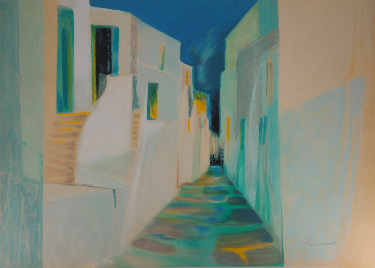 Claude HEMERET: Calle antigua de Santorini - Litografía original firmada