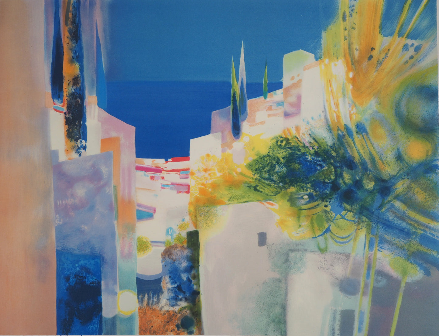 Daniel GELIS : Village en bord de mer - Lithographie originale signée