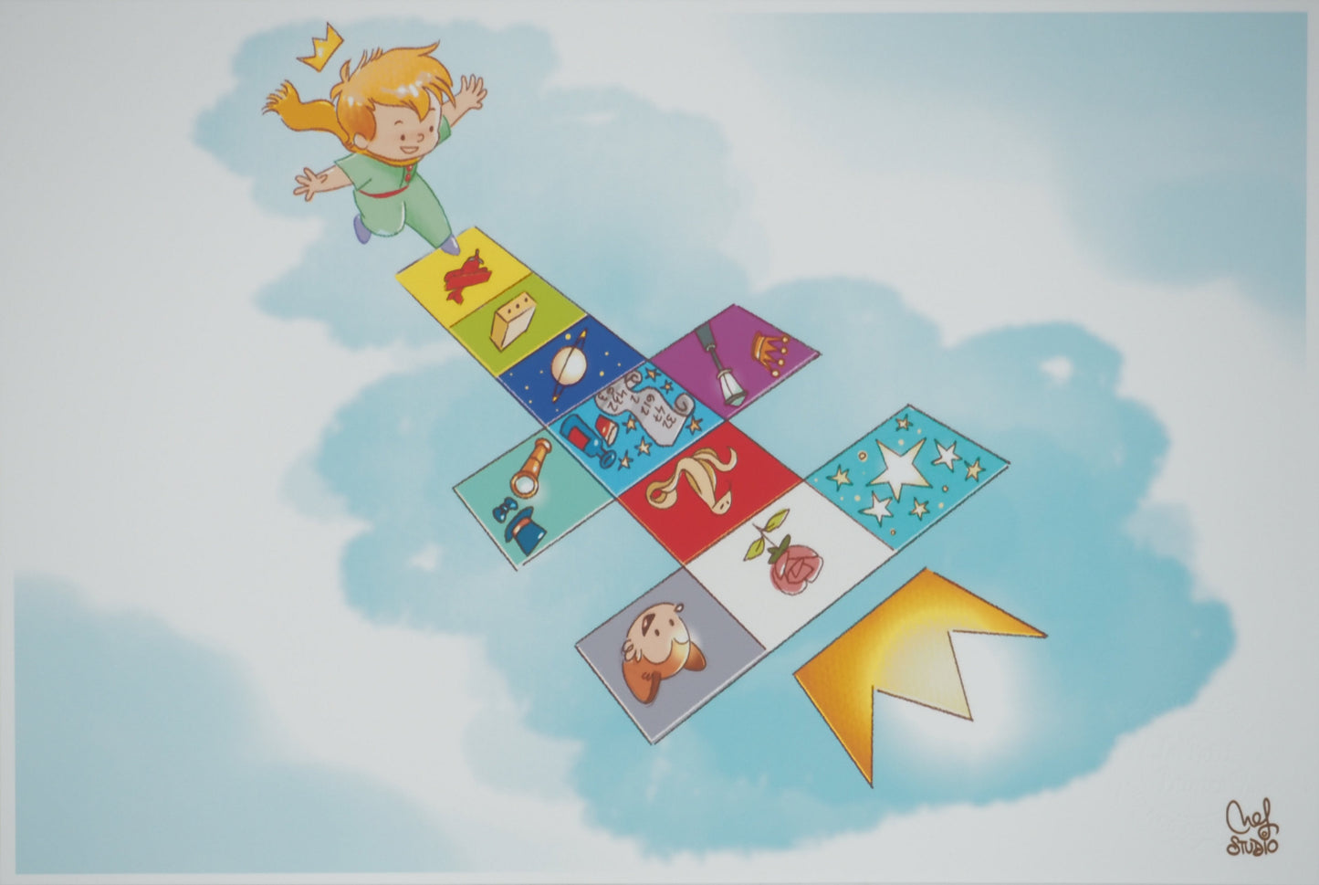 Antoine DE SAINT EXUPERY / Jordi NEF : Le Petit Prince joue à la marelle - Lithographie