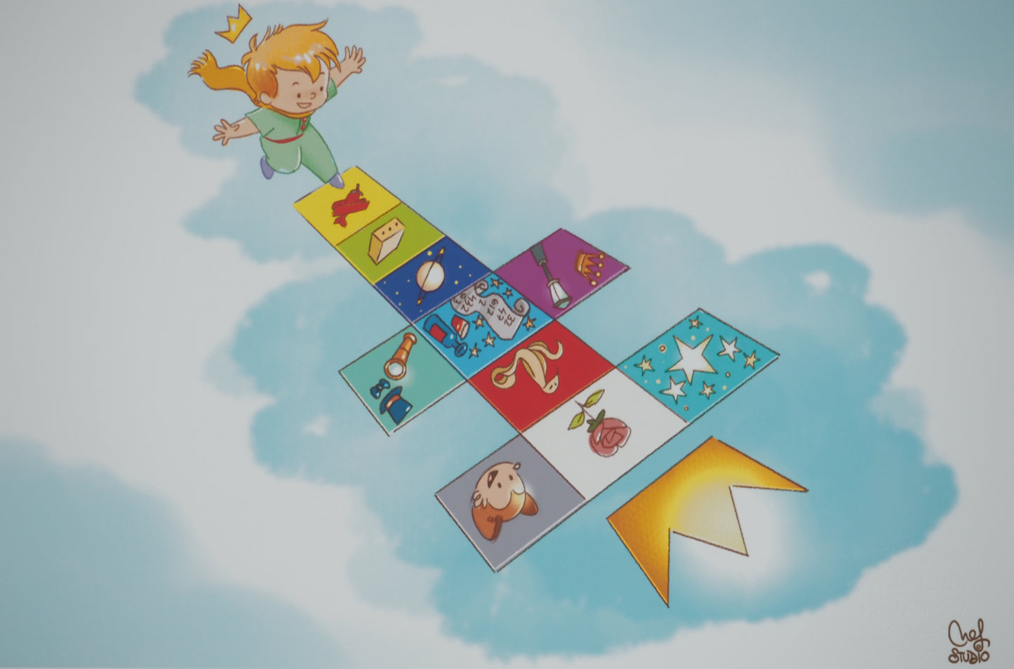 Antoine DE SAINT EXUPERY / Jordi NEF : Le Petit Prince joue à la marelle - Lithographie