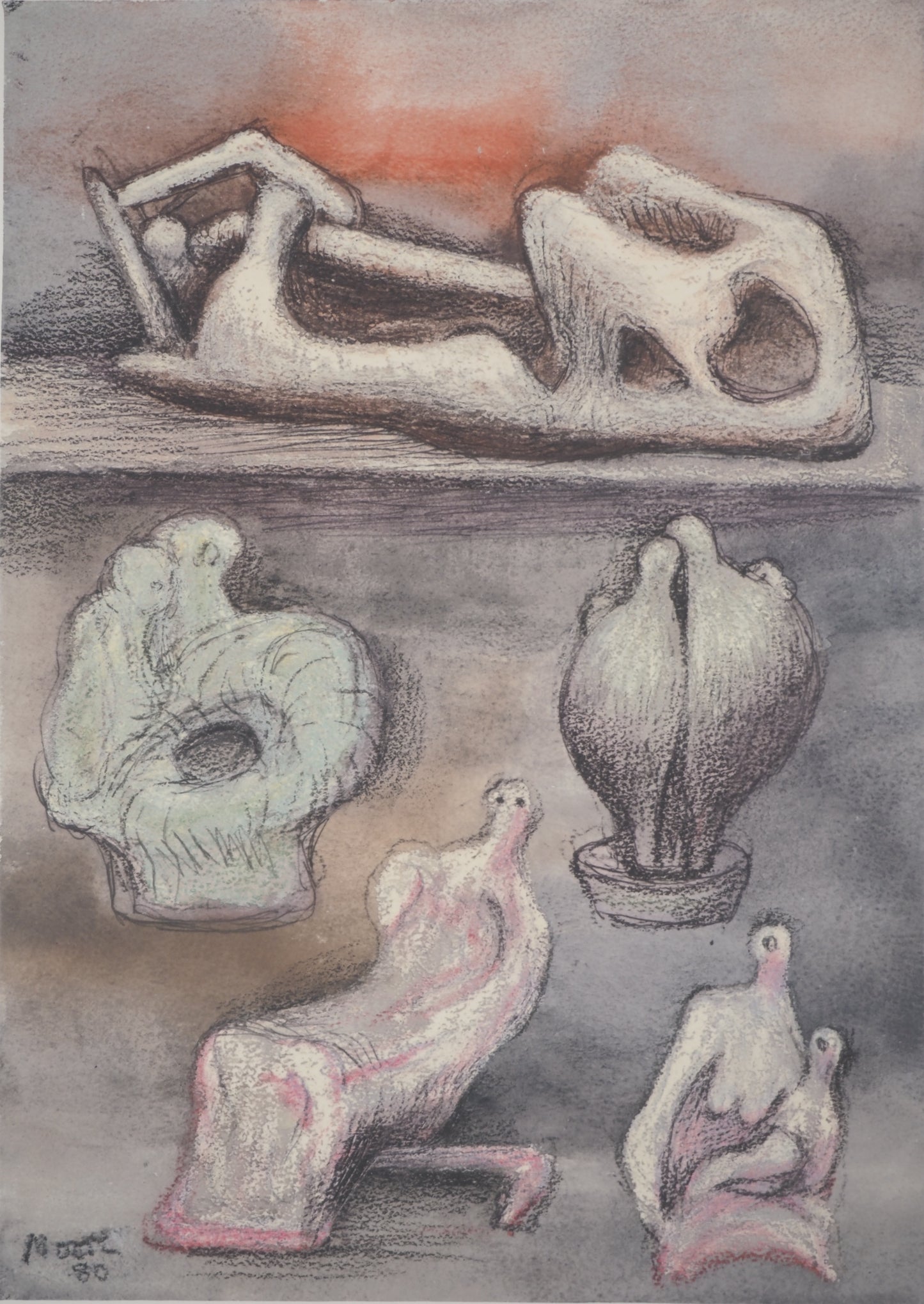 Henry MOORE : Projet de sculptures - Lithographie signée