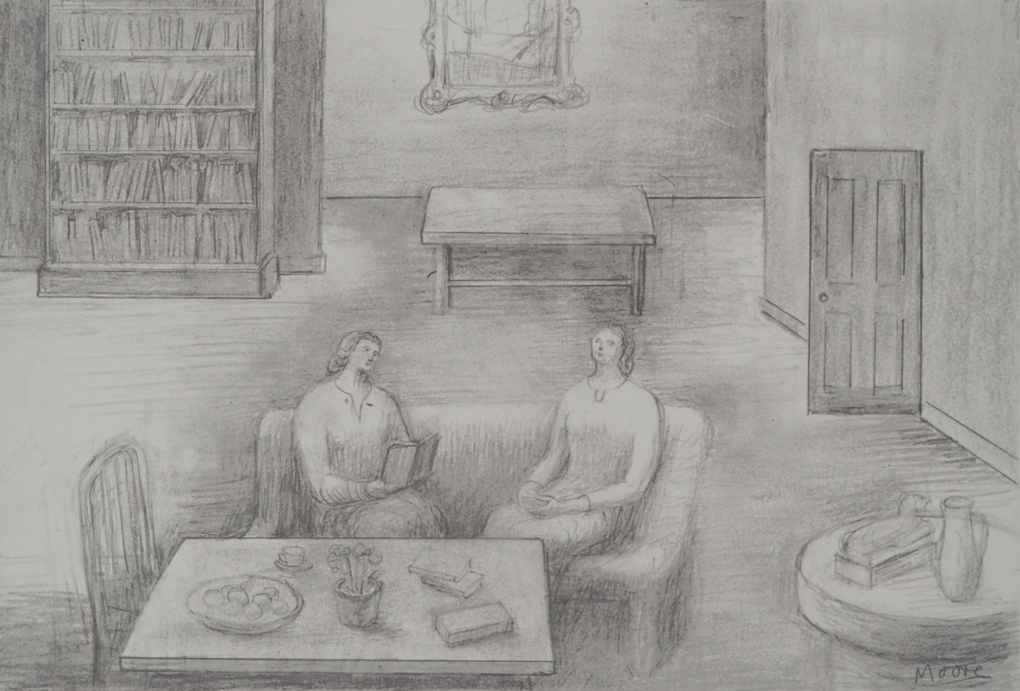 Henry MOORE : Discussion au salon - Lithographie signée
