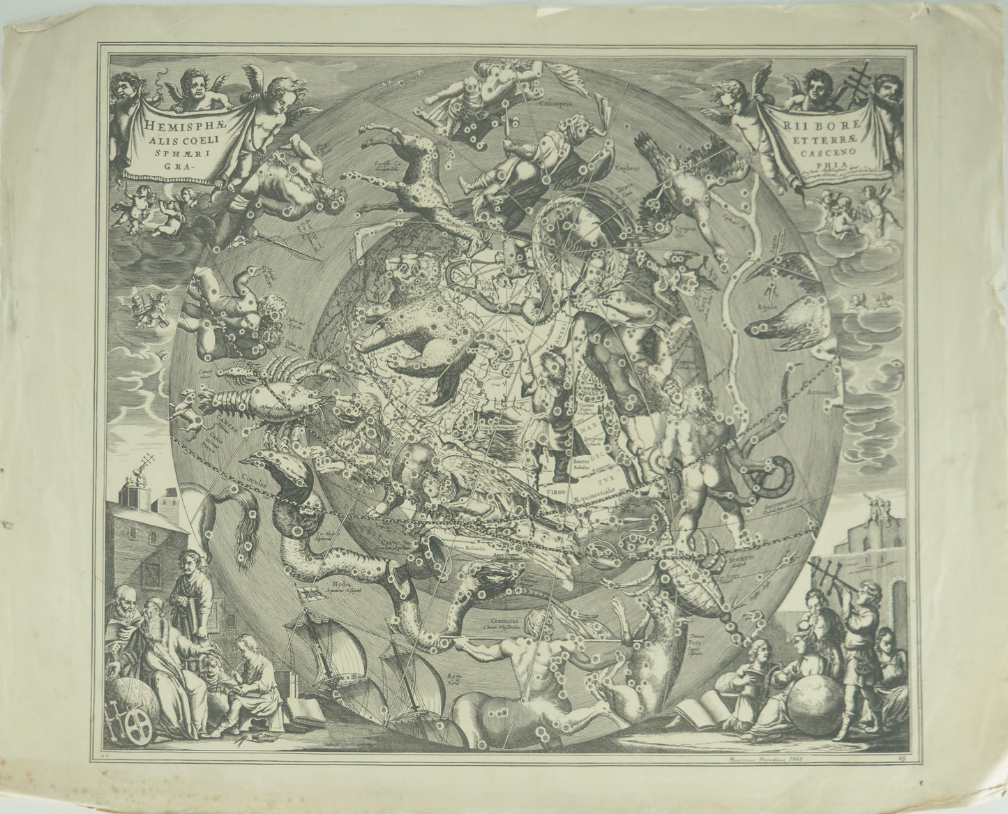 Hendrik HONDIUS : Carte céleste entoilée vu du pôle Nord