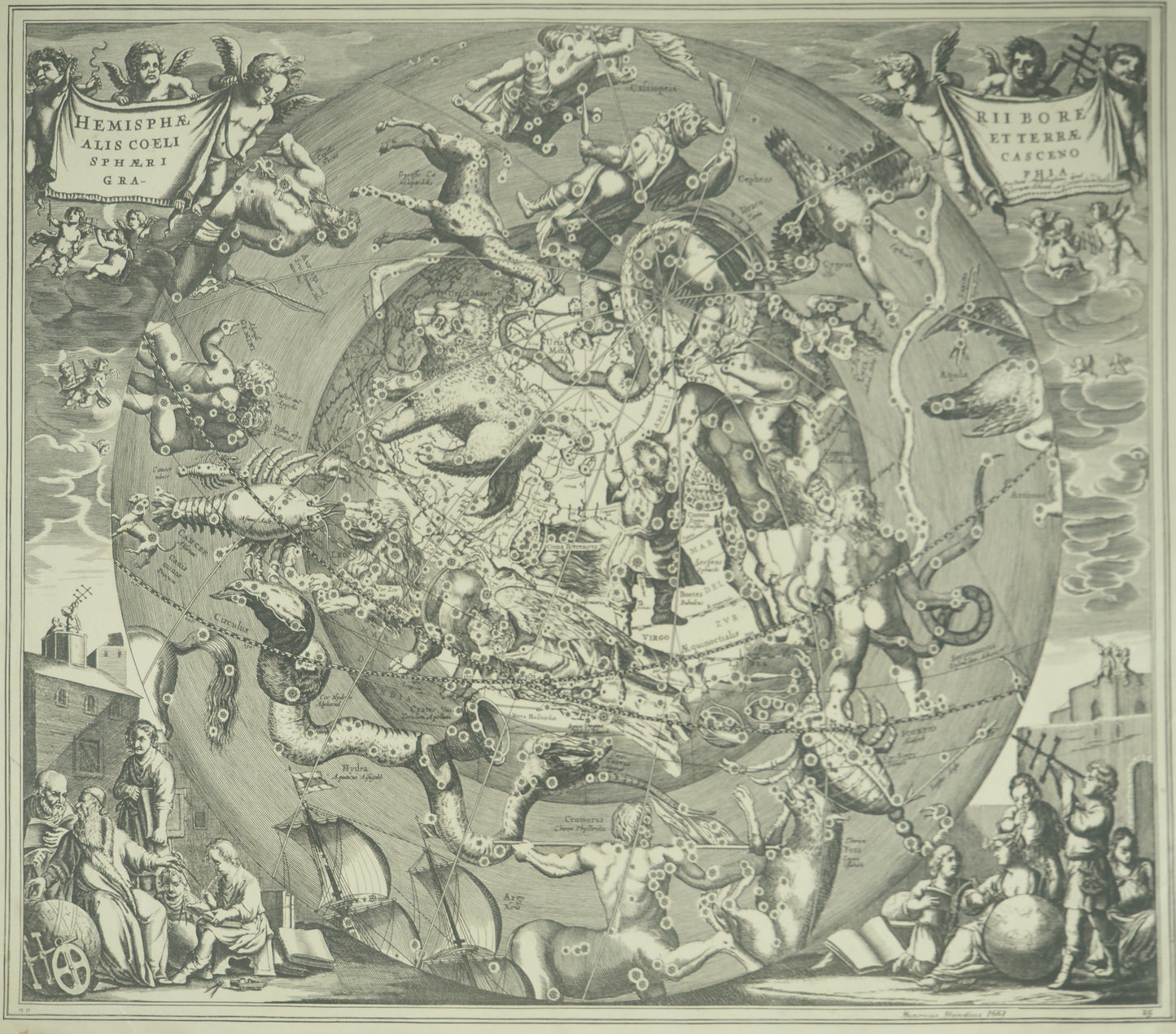 Hendrik HONDIUS : Carte céleste entoilée vu du pôle Nord