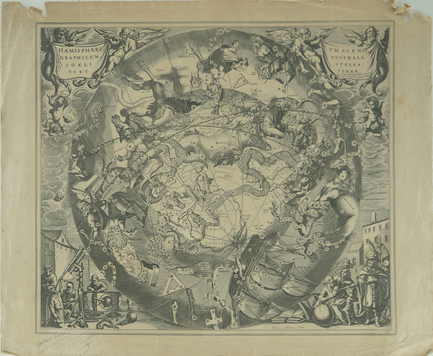 Hendrik HONDIUS : Carte céleste vue du pôle sud - Gravure