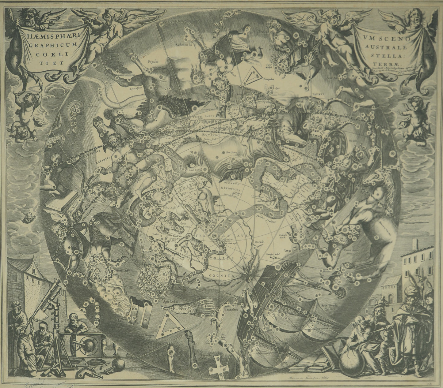 Hendrik HONDIUS : Carte céleste vue du pôle sud - Gravure