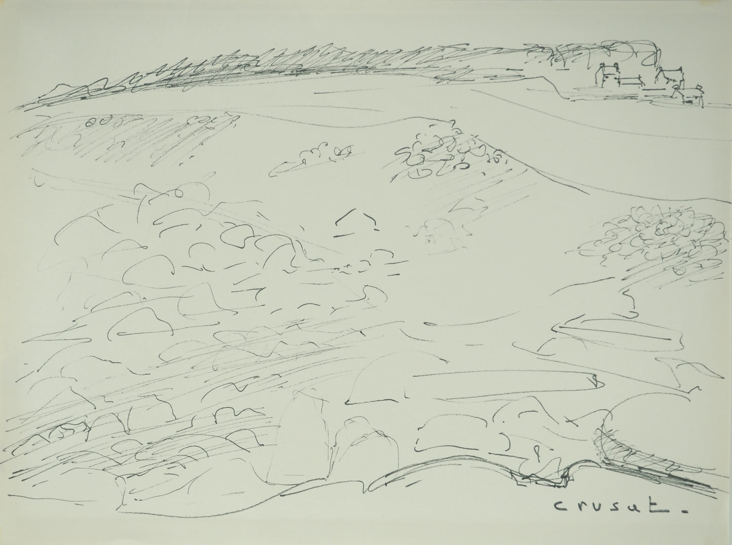 Roger CRUSAT : Au loin le Village - Dessin original signé