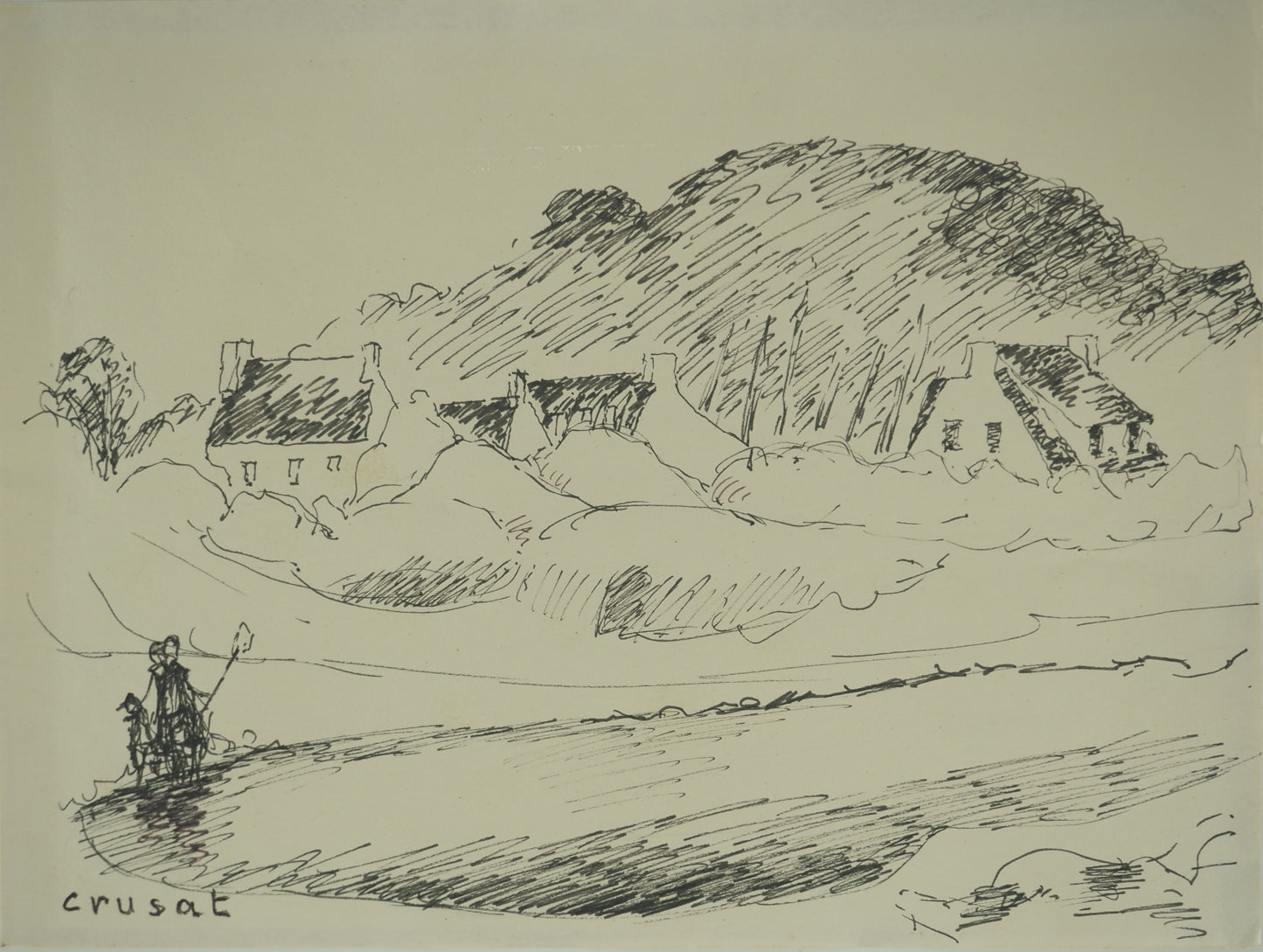 Roger CRUSAT : Le village côtier - Dessin original signé
