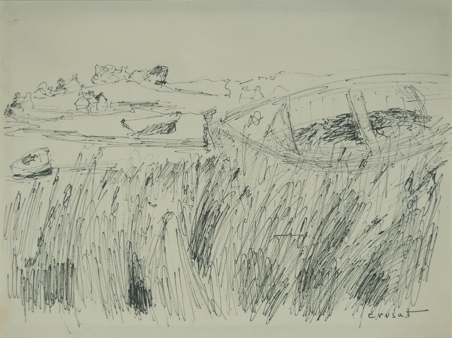Roger CRUSAT : Barques amarrées- Dessin original signé