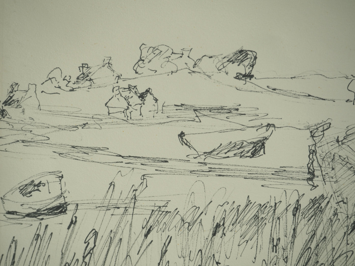 Roger CRUSAT : Barques amarrées- Dessin original signé
