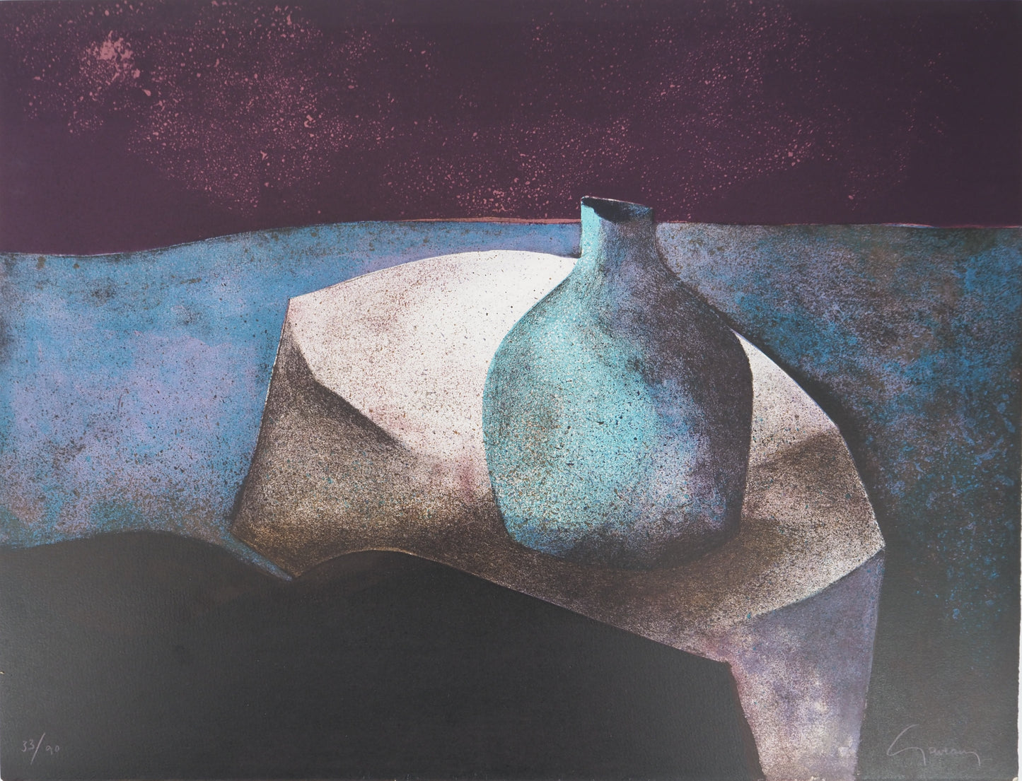 Claude GAVEAU: Still life with blue vase - Original signed lithograph, 90 copies