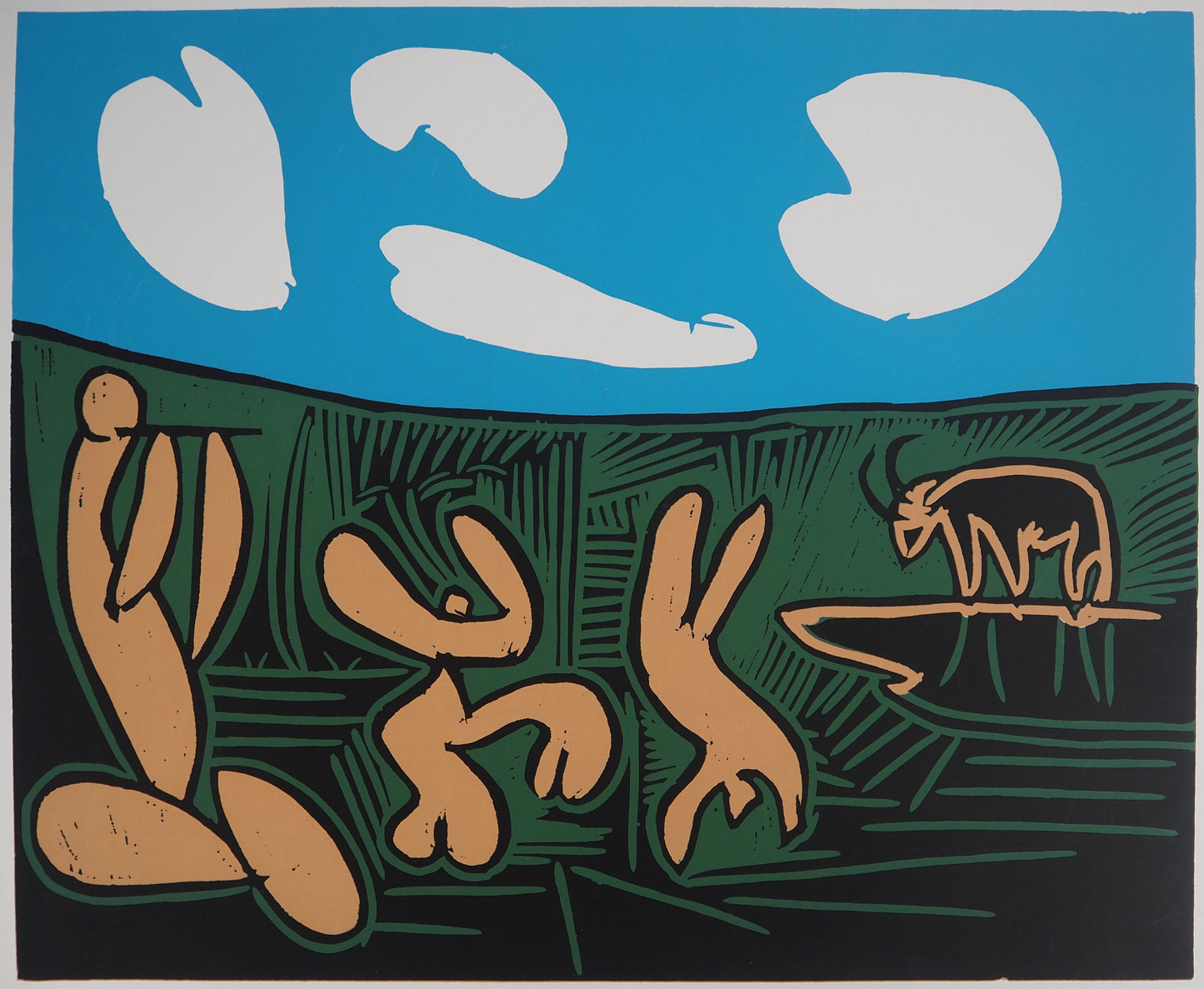 Pablo PICASSO : Bacchanale, danseurs et taureau - Linogravure