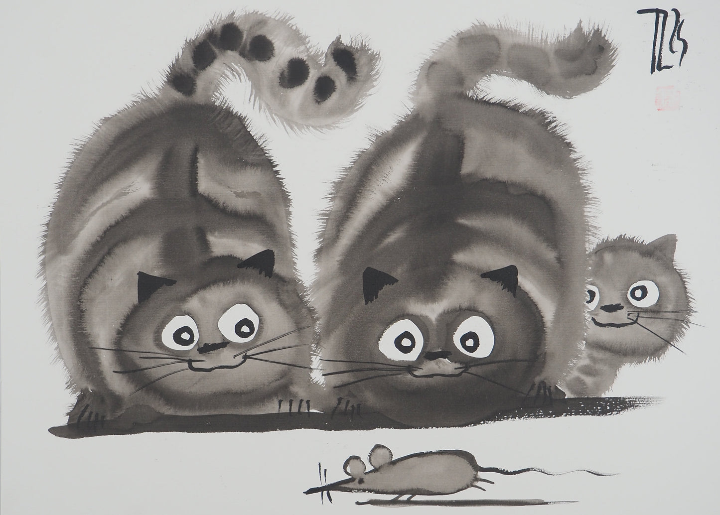 Laszlo TIBAY : Couple de chats en chasse et leur chaton - Dessin original signé