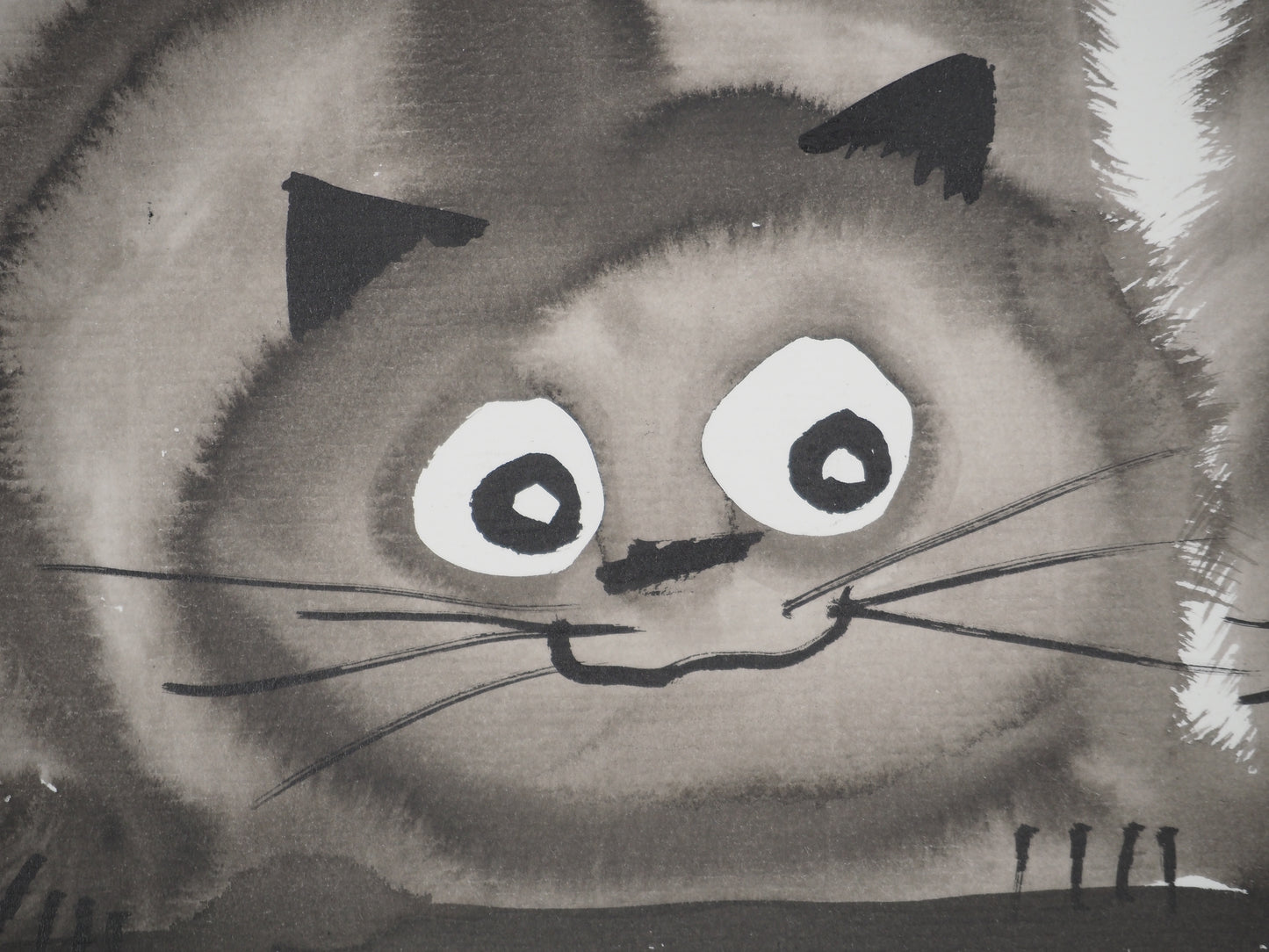 Laszlo TIBAY : Couple de chats en chasse et leur chaton - Dessin original signé