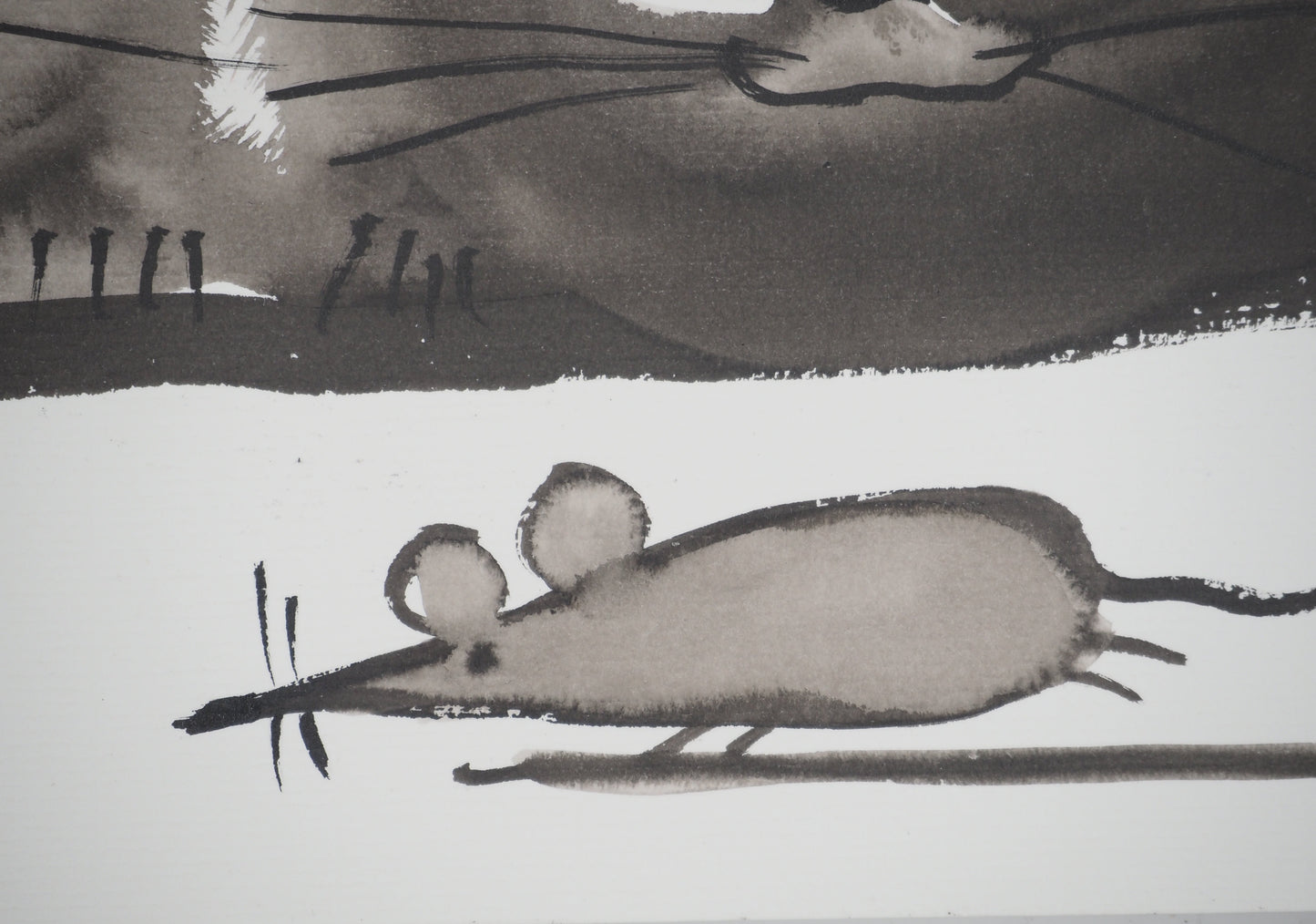 Laszlo TIBAY : Couple de chats en chasse et leur chaton - Dessin original signé