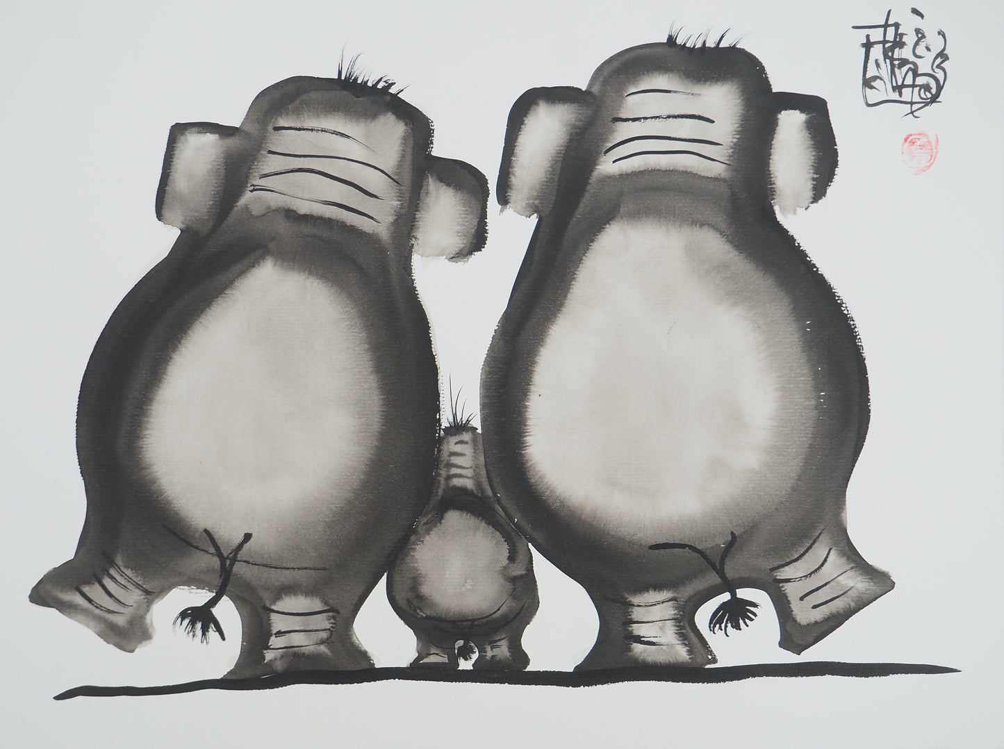 Laszlo TIBAY : Famille d'éléphants - Dessin original signé