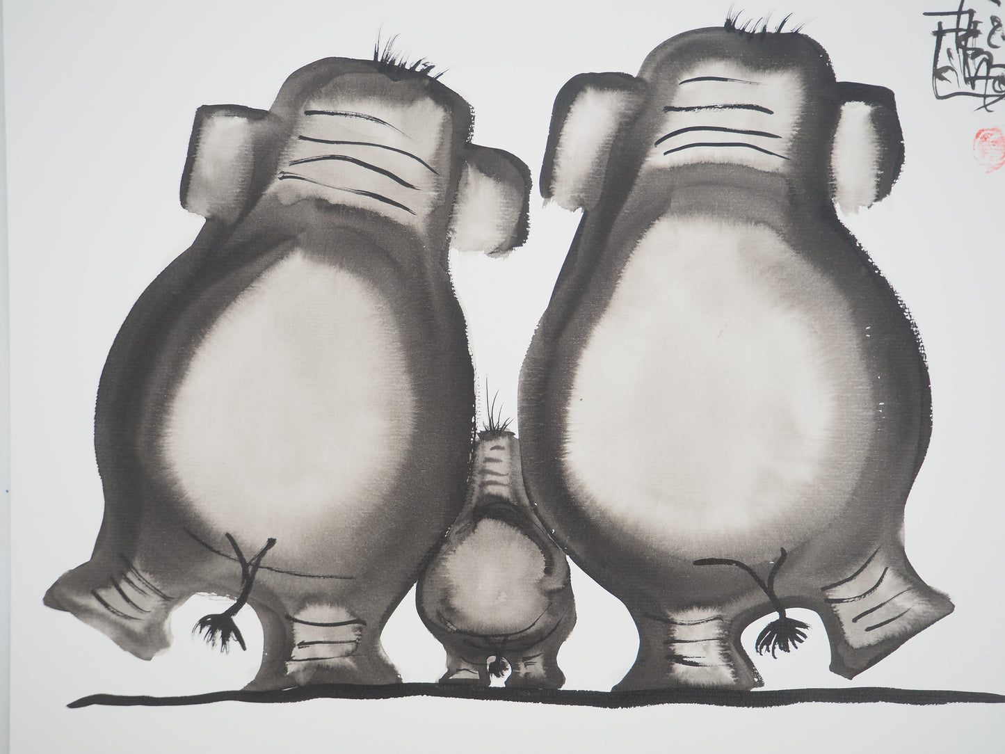 Laszlo TIBAY : Famille d'éléphants - Dessin original signé