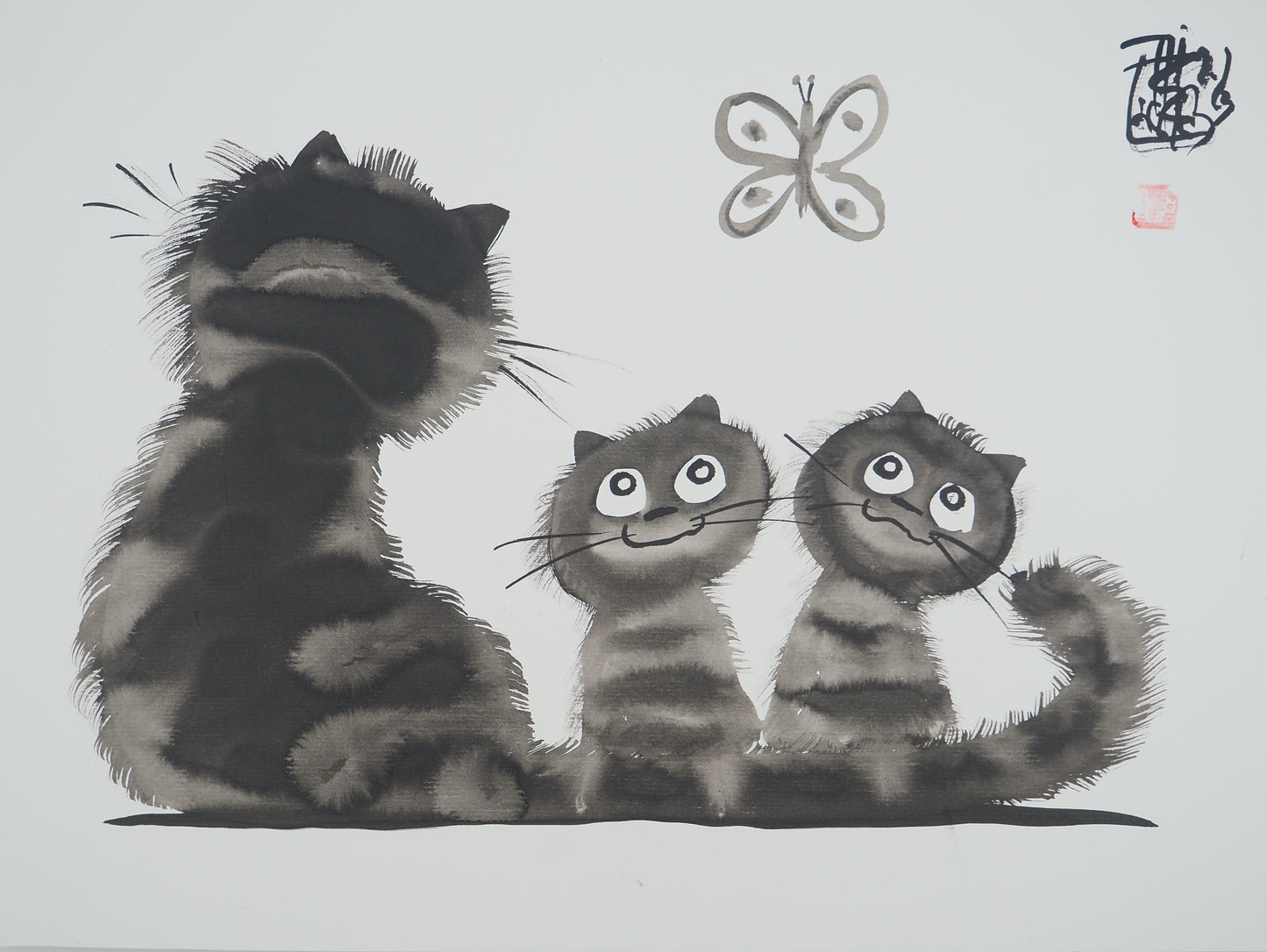 Laszlo TIBAY : Maman chat et ses chatons distraits - Dessin original signé